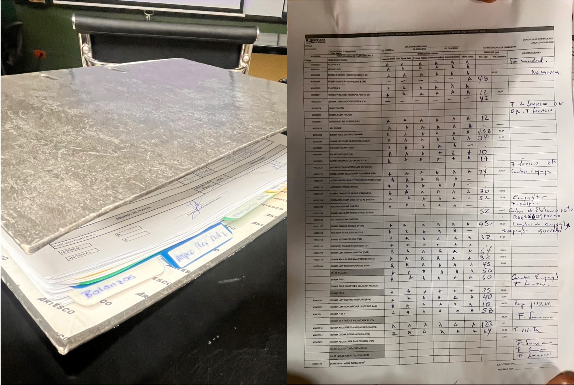 A stack of paper inspection forms or handwritten temperature logs.