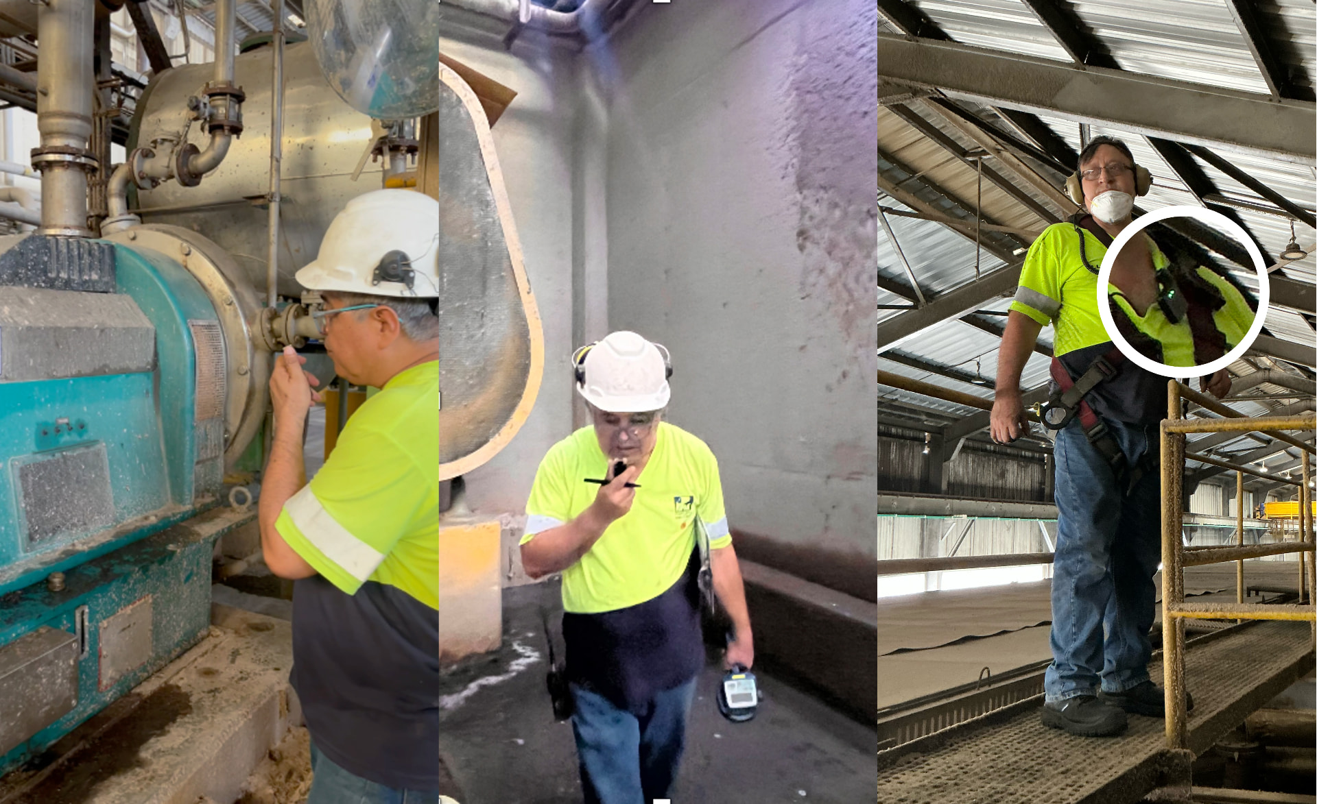 An operator at a roller dryer, taking a reading while speaking into the Cosito recorder.