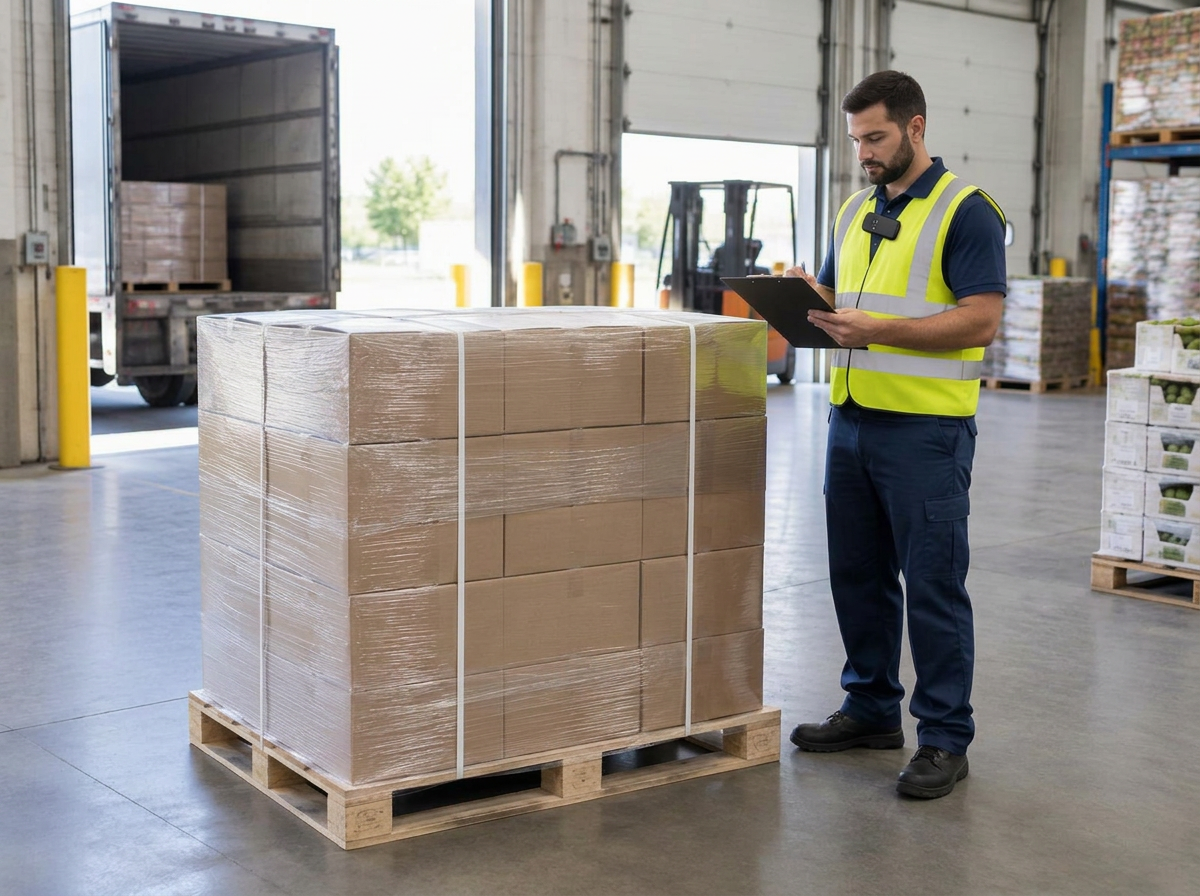 Warehouse worker checking a safely wrapped pallet of received goods