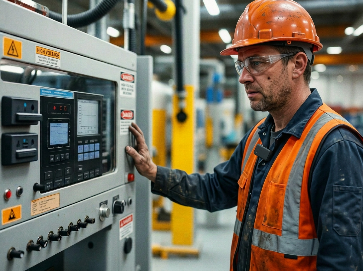 Maintenance worker inspecting an industrial machine with a clip-on microphone